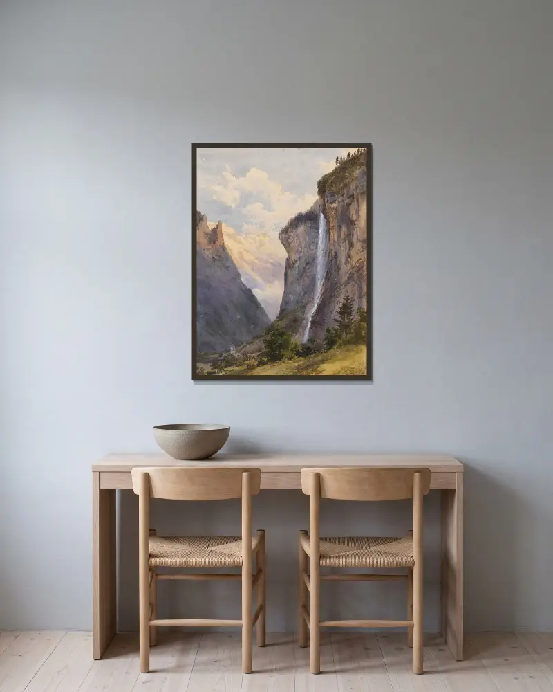 Der Staubbachfall in Lauterbrunnen (Schweiz) von Edward Theodore Compton gerahmt an einer Wand