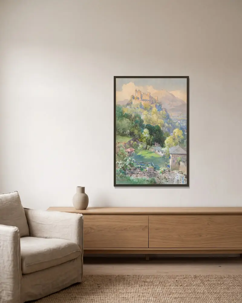 Fästningen Hohensalzburg från Richterhöhe av Edward Theodore Compton inramad på en vägg