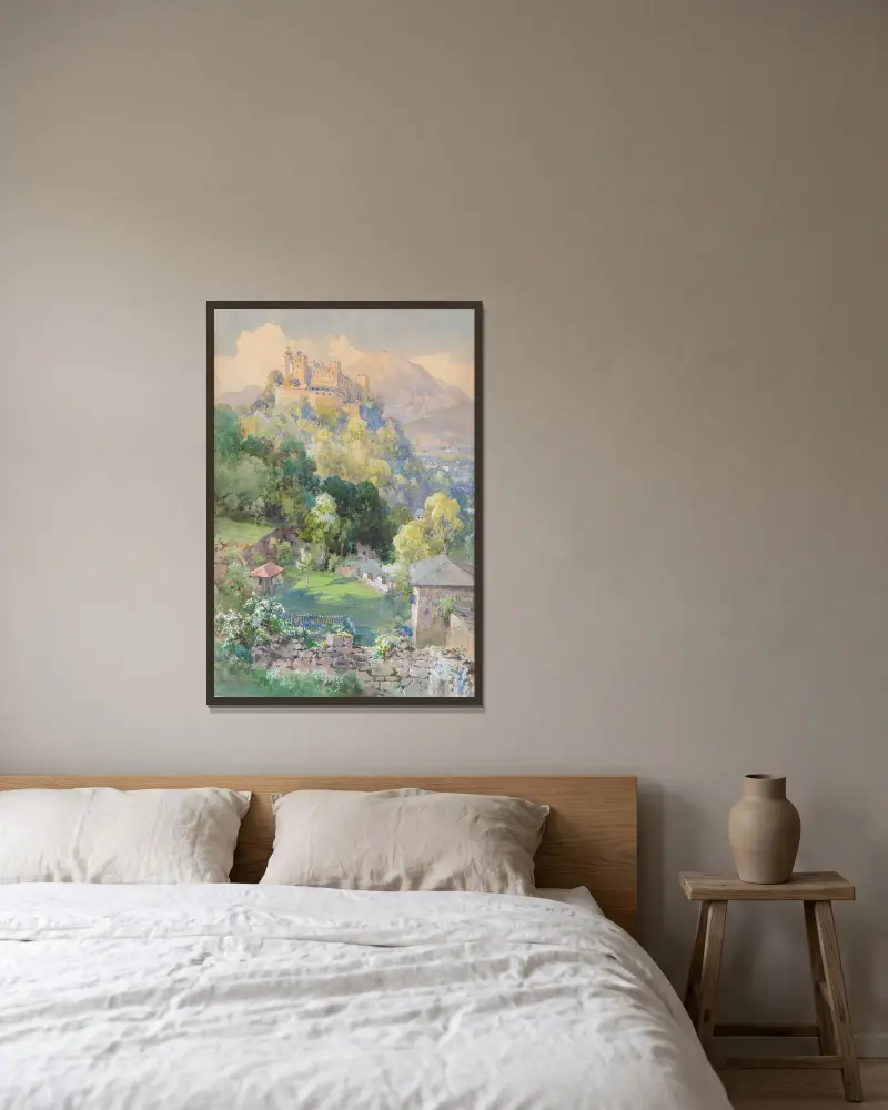 Fästningen Hohensalzburg från Richterhöhe av Edward Theodore Compton inramad på en vägg