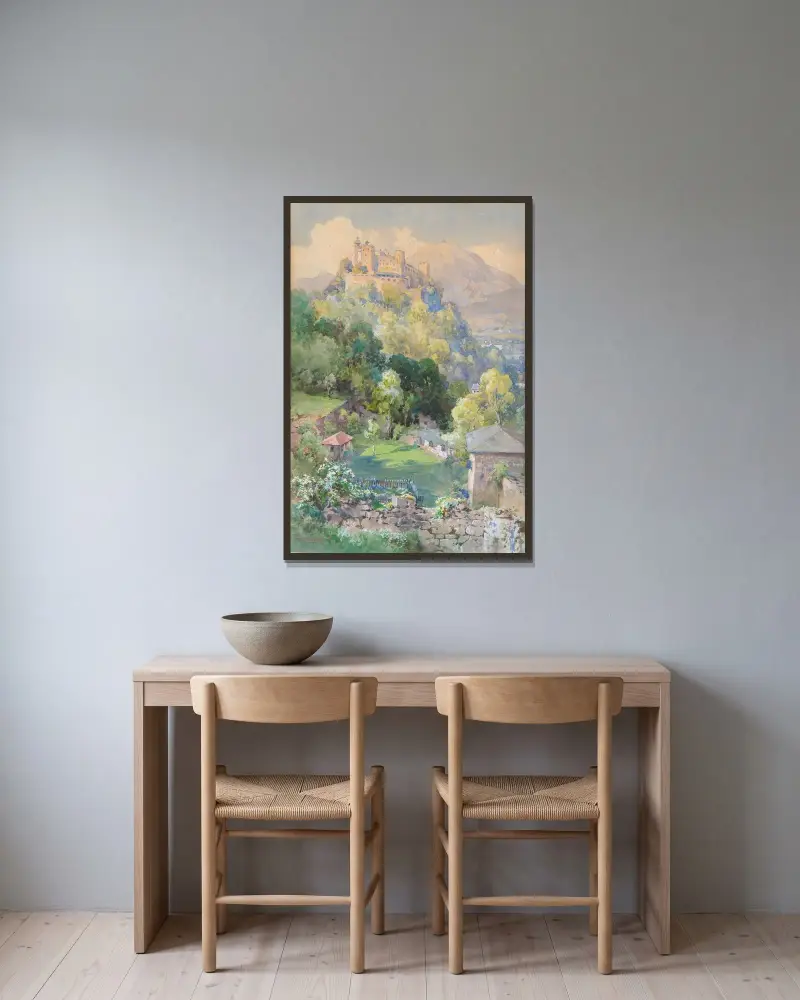 Fästningen Hohensalzburg från Richterhöhe av Edward Theodore Compton inramad på en vägg