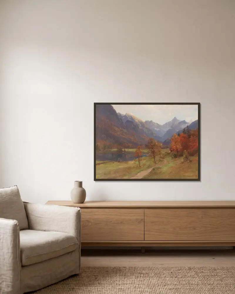 Herbst im Stodertal von Edward Theodore Compton gerahmt an einer Wand