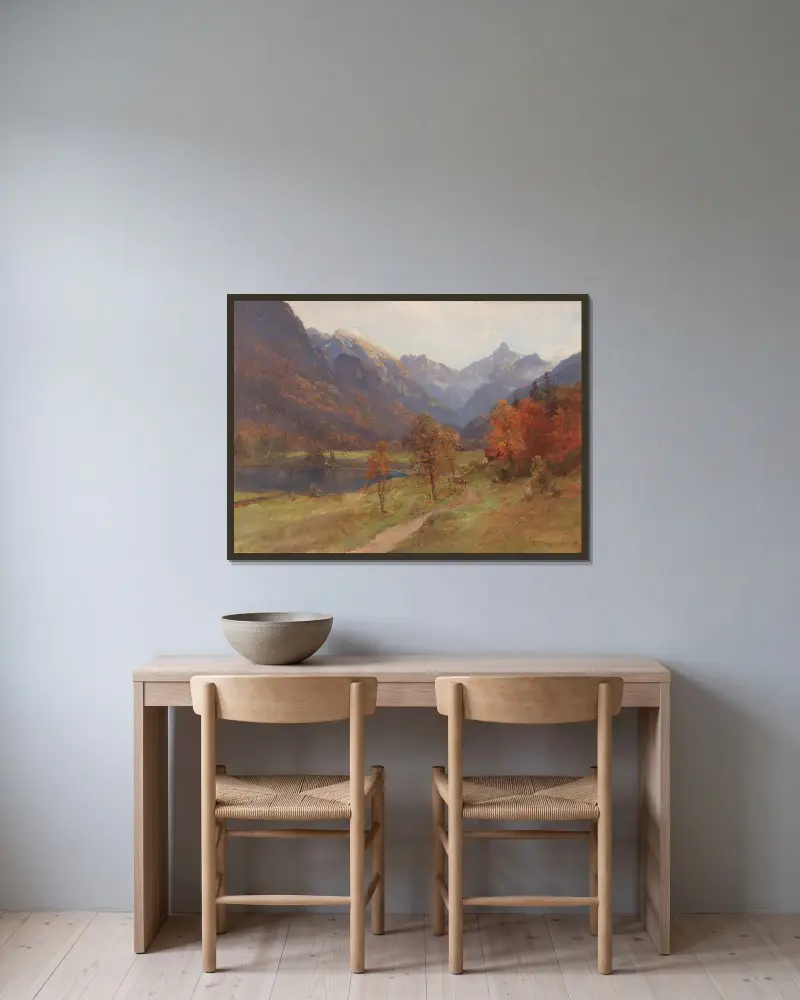 Herbst im Stodertal von Edward Theodore Compton gerahmt an einer Wand
