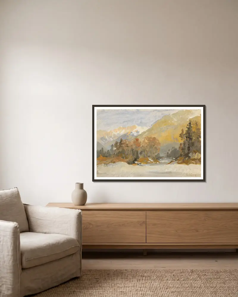 Herbstliche Voralpenlandschaft (Studie) von Edward Theodore Compton gerahmt an einer Wand