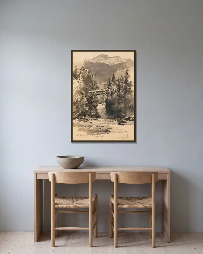 Hög bro i bergen av Edward Theodore Compton inramad på en vägg