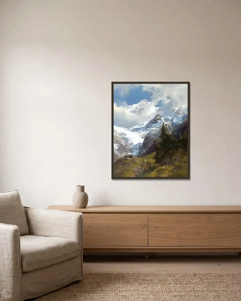 Högfjällslandskap med glaciär av Edward Theodore Compton inramad på en vägg