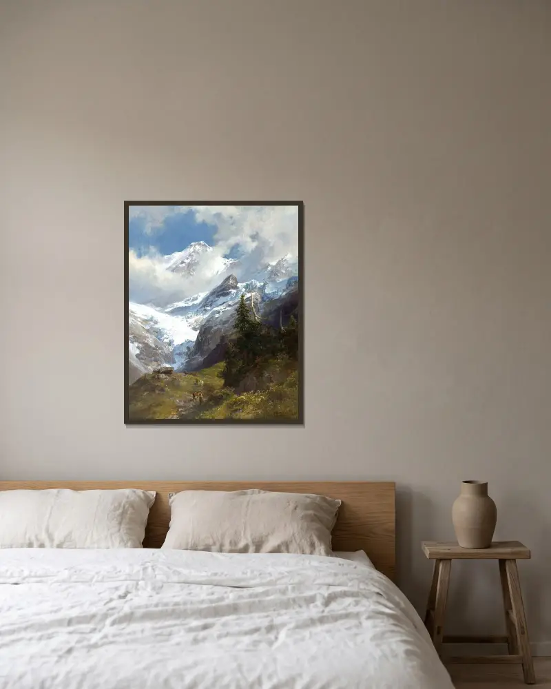 Högfjällslandskap med glaciär av Edward Theodore Compton inramad på en vägg