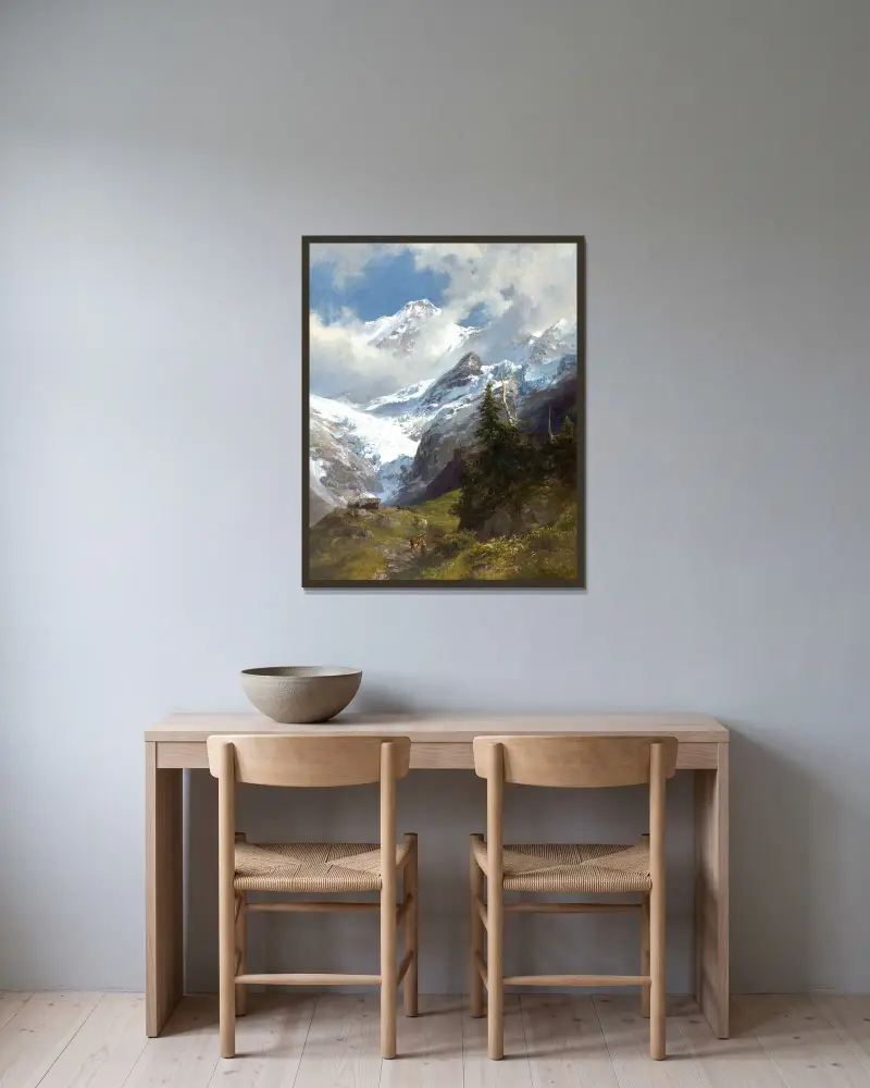 Högfjällslandskap med glaciär av Edward Theodore Compton inramad på en vägg