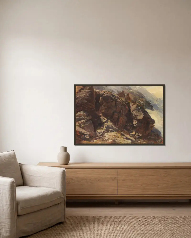Hochgebirgsstudie von Edward Theodore Compton gerahmt an einer Wand