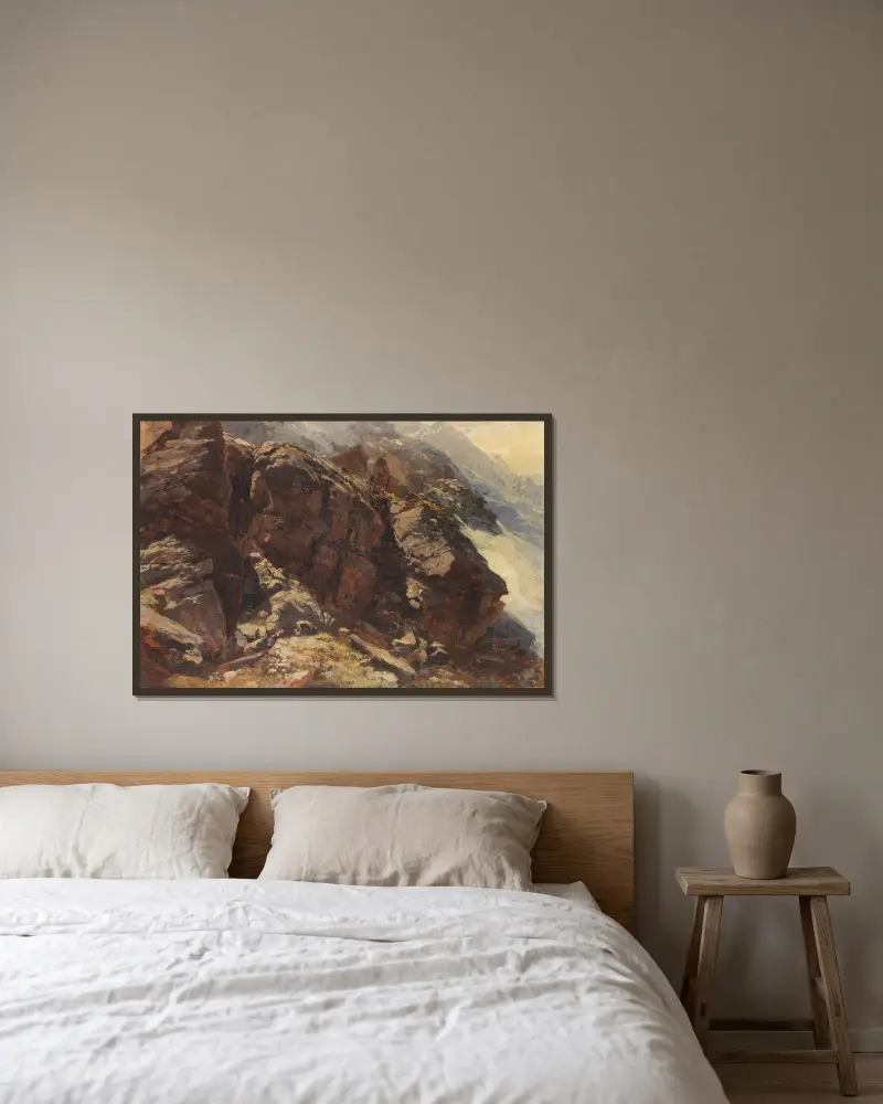 Hochgebirgsstudie von Edward Theodore Compton gerahmt an einer Wand