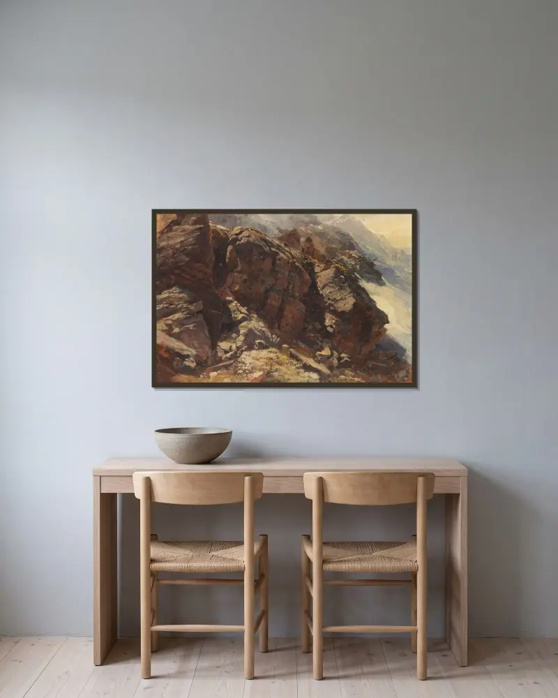 Hochgebirgsstudie von Edward Theodore Compton gerahmt an einer Wand