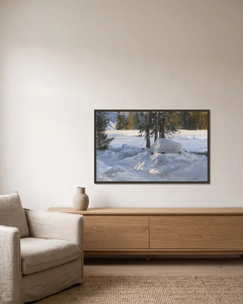 Wintersonne von Edward Theodore Compton gerahmt an einer Wand