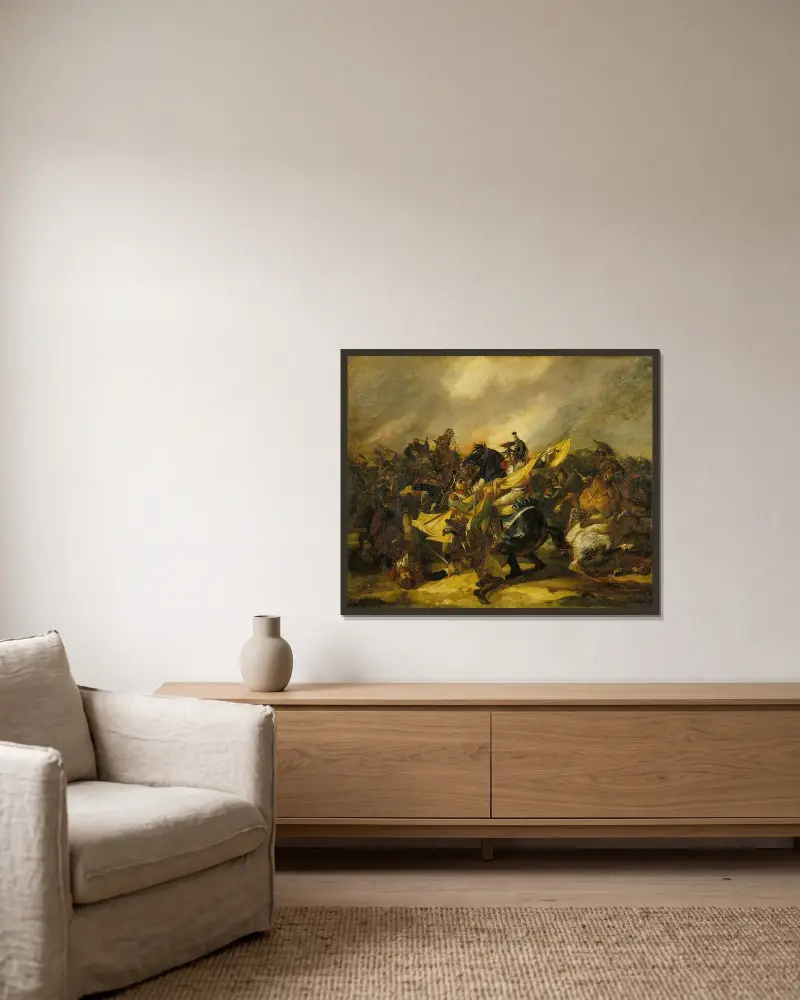 Ett anfall av kyrassiärer av Théodore Géricault inramad på en vägg