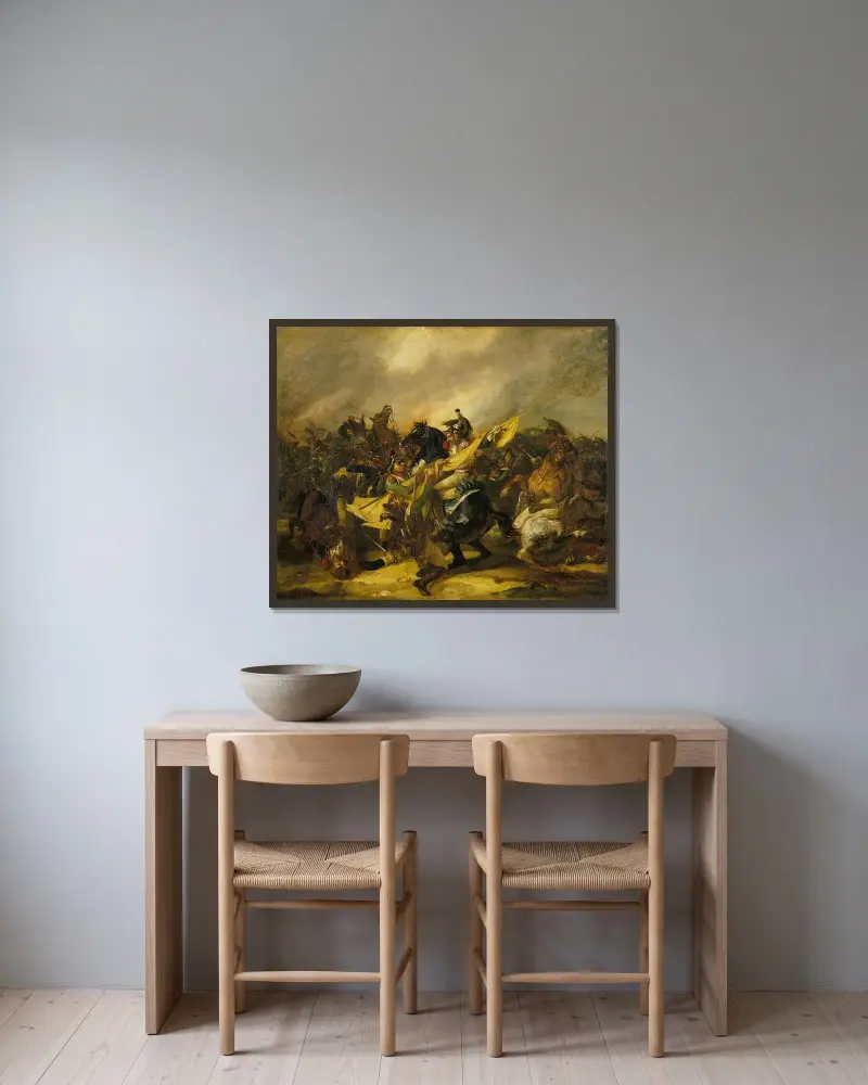 Ett anfall av kyrassiärer av Théodore Géricault inramad på en vägg