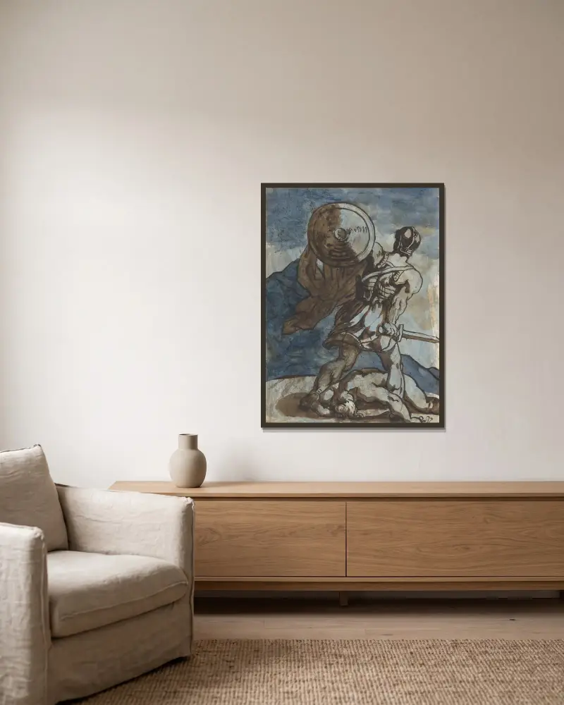 En krigare med sköld och svärd, sedd bakifrån av Théodore Géricault inramad på en vägg