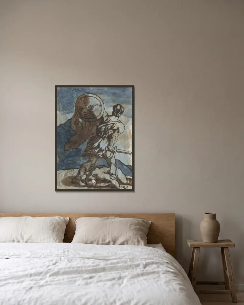 En krigare med sköld och svärd, sedd bakifrån av Théodore Géricault inramad på en vägg