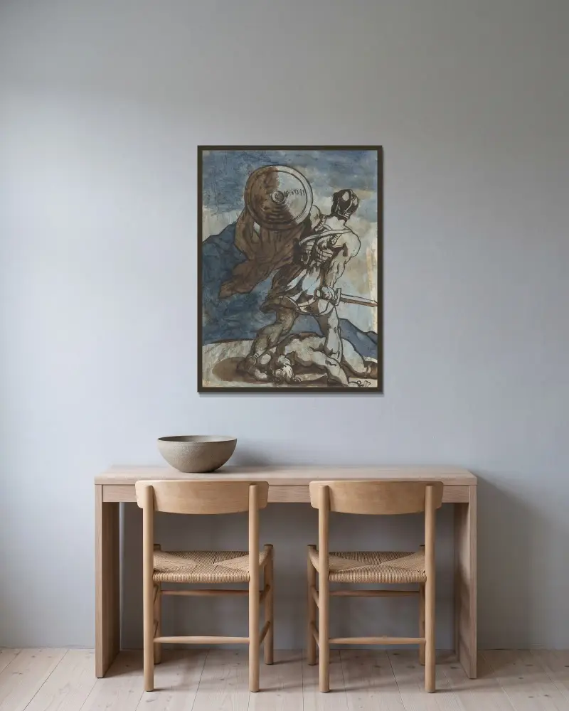 En krigare med sköld och svärd, sedd bakifrån av Théodore Géricault inramad på en vägg
