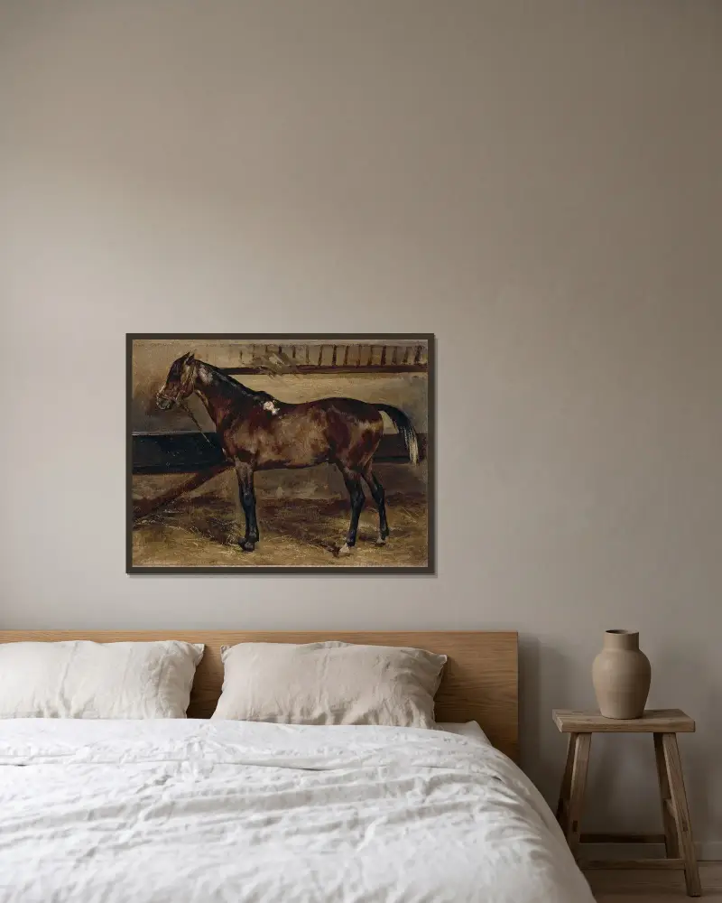 Brun häst i stallet av Théodore Géricault inramad på en vägg
