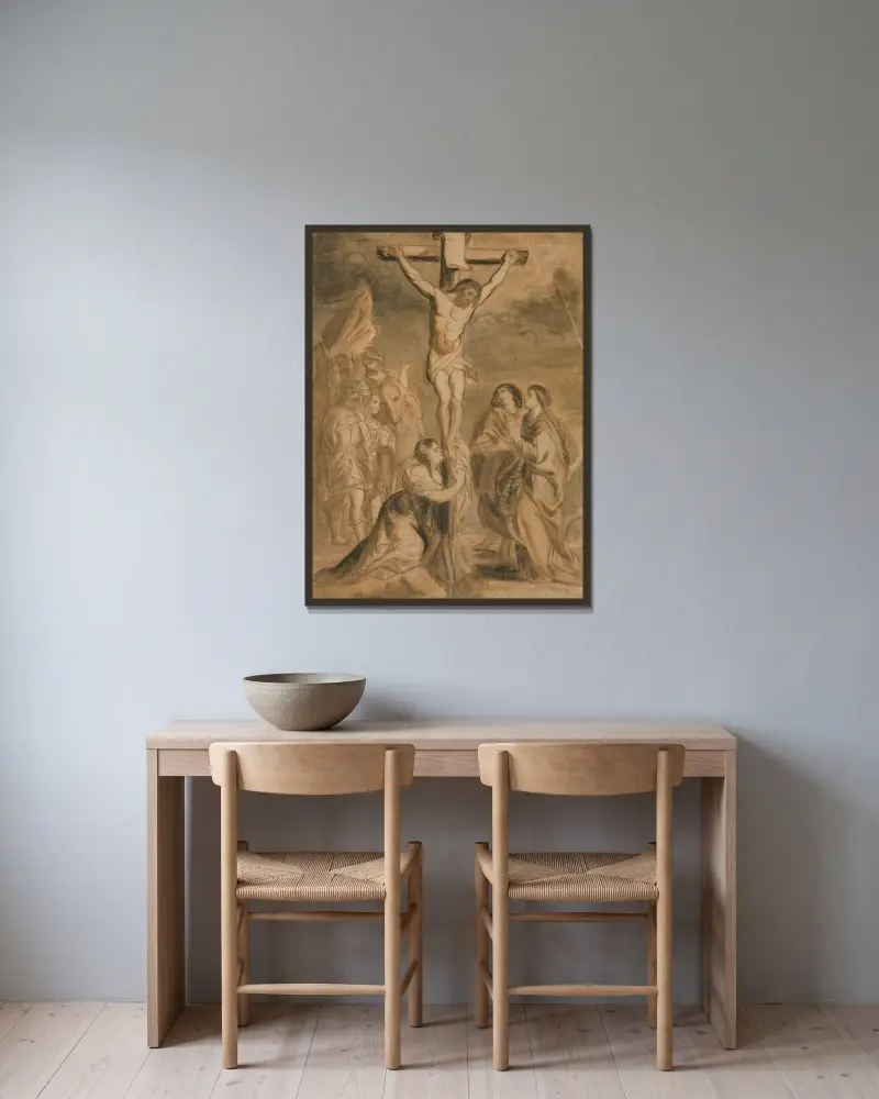 Kristus på korset omgiven av jungfrun och helgon av Théodore Géricault inramad på en vägg