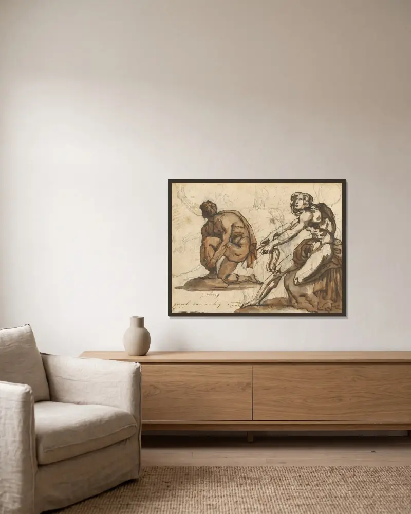 Klassiska nakenstudier av Théodore Géricault inramad på en vägg