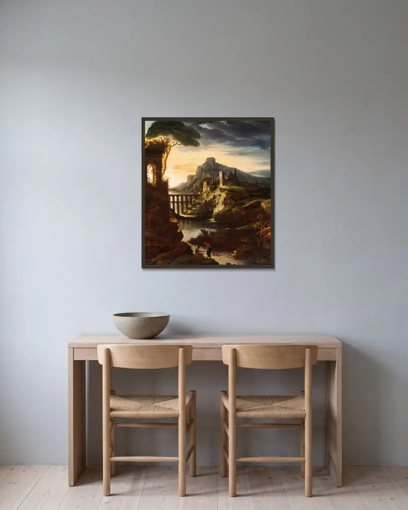 Kväll; landskap med akvedukt av Théodore Géricault inramad på en vägg