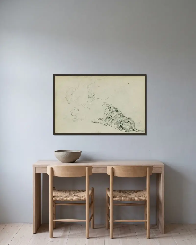 Fyra lejonstudier av Théodore Géricault inramad på en vägg