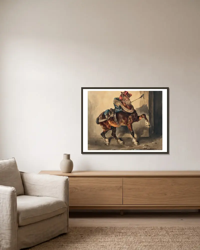 Das Pferd des Gipsmachers von Théodore Géricault gerahmt an einer Wand