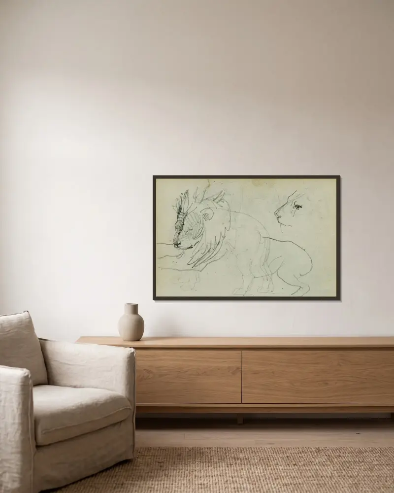 Lejonstudier av Théodore Géricault inramad på en vägg