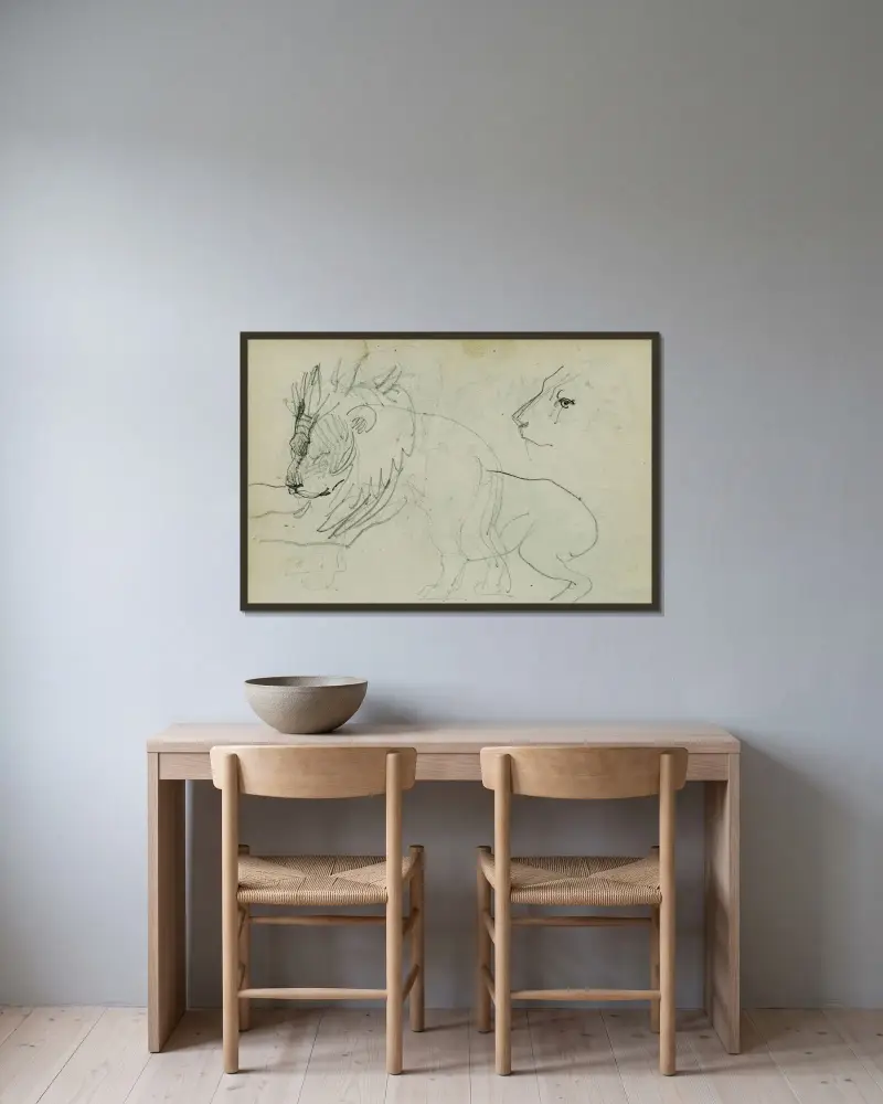 Lejonstudier av Théodore Géricault inramad på en vägg