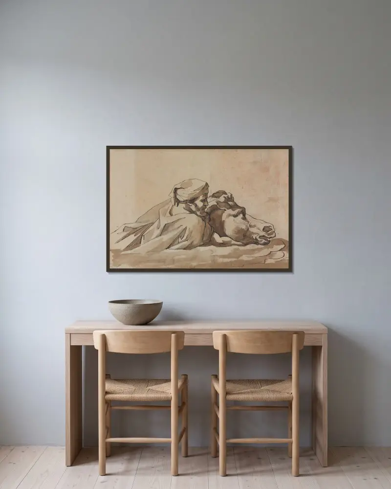 Man som håller fast en häst i vattnet, efter Poussins "Syndafloden" (recto) av Théodore Géricault inramad på en vägg