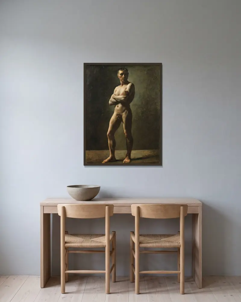 Manlig akademifigur, korslagda armar av Théodore Géricault inramad på en vägg