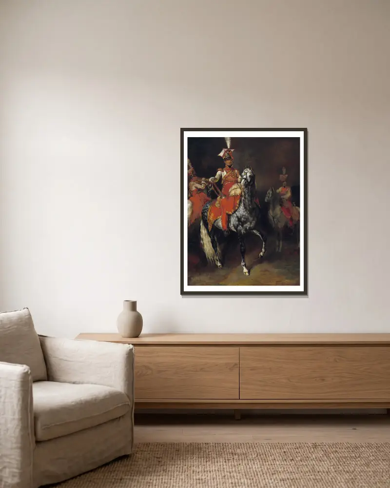 Mounted Trumpeters of Napoleon’s Imperial Guard av Théodore Géricault inramad på en vägg