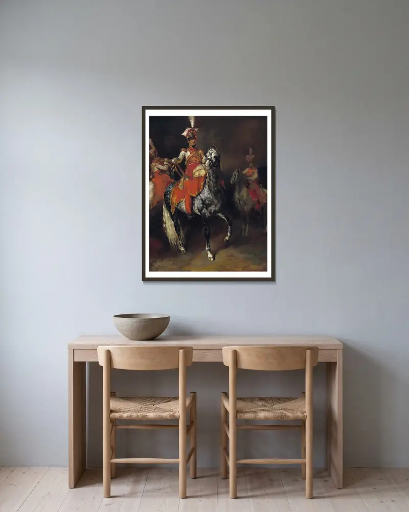 Mounted Trumpeters of Napoleon’s Imperial Guard av Théodore Géricault inramad på en vägg