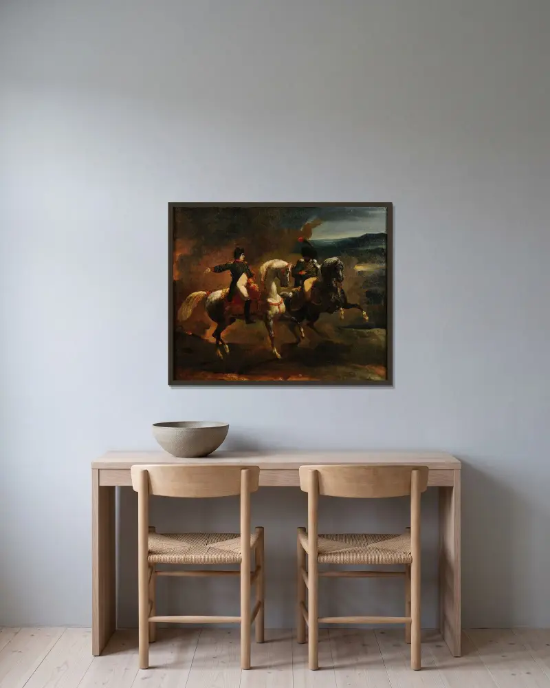 Napoleon ger en order till en högre officer vid guiderna av Théodore Géricault inramad på en vägg