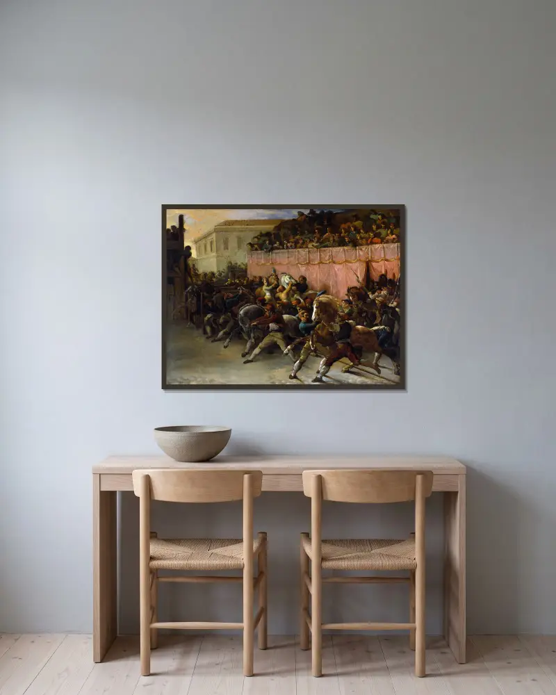 Riderless Racers at Rome av Théodore Géricault inramad på en vägg
