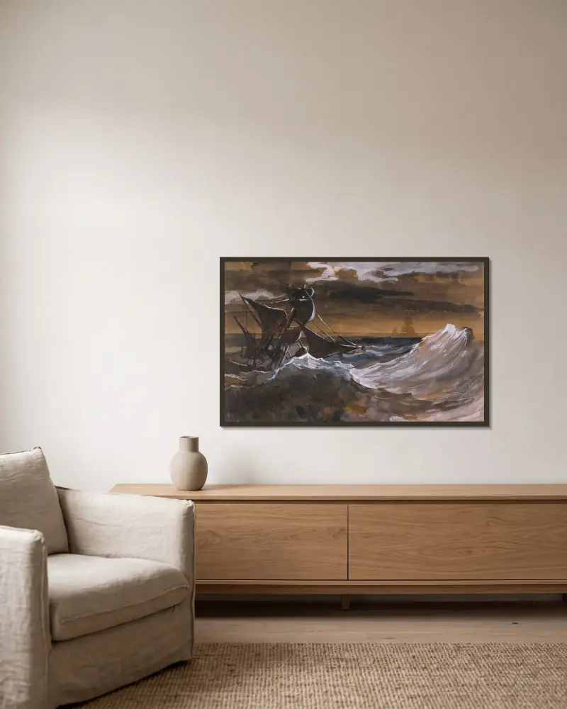 Segelbåt på ett rasande hav av Théodore Géricault inramad på en vägg