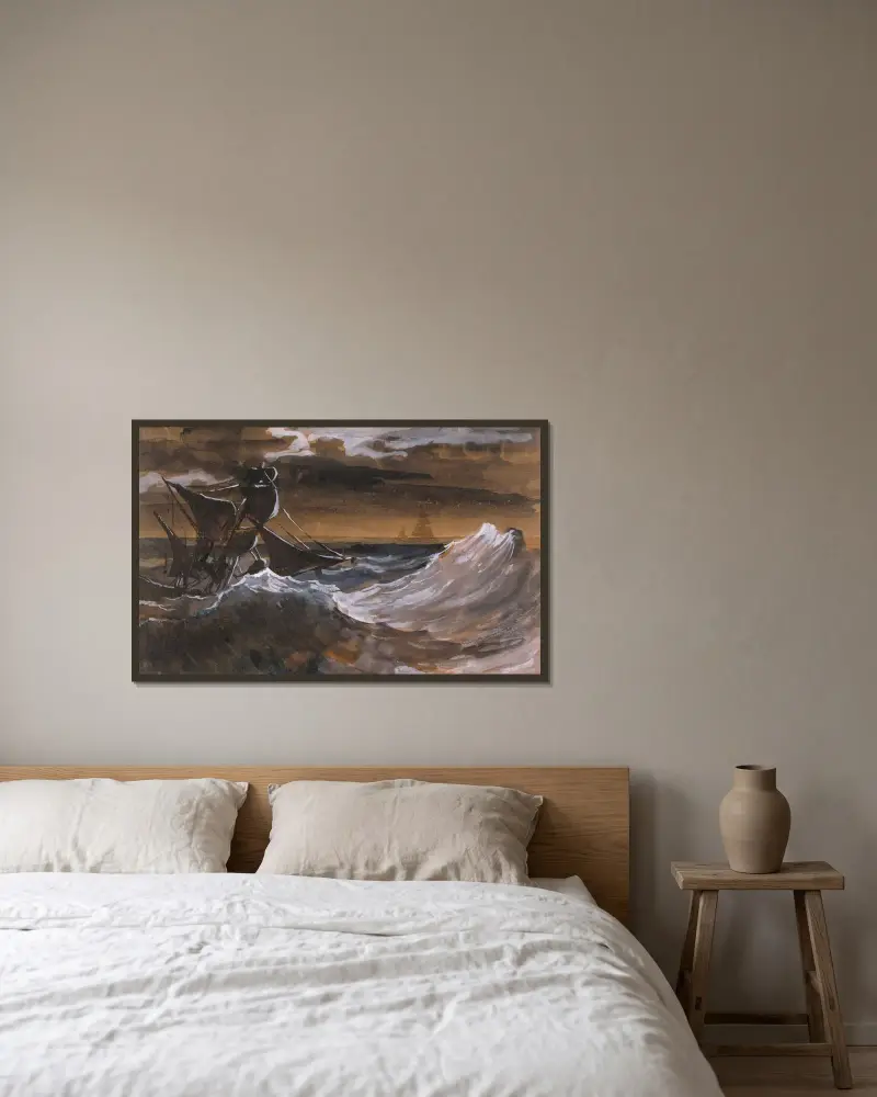 Segelbåt på ett rasande hav av Théodore Géricault inramad på en vägg