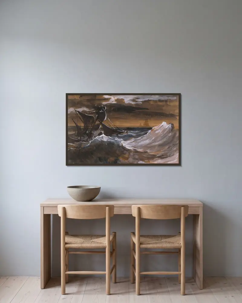 Segelbåt på ett rasande hav av Théodore Géricault inramad på en vägg