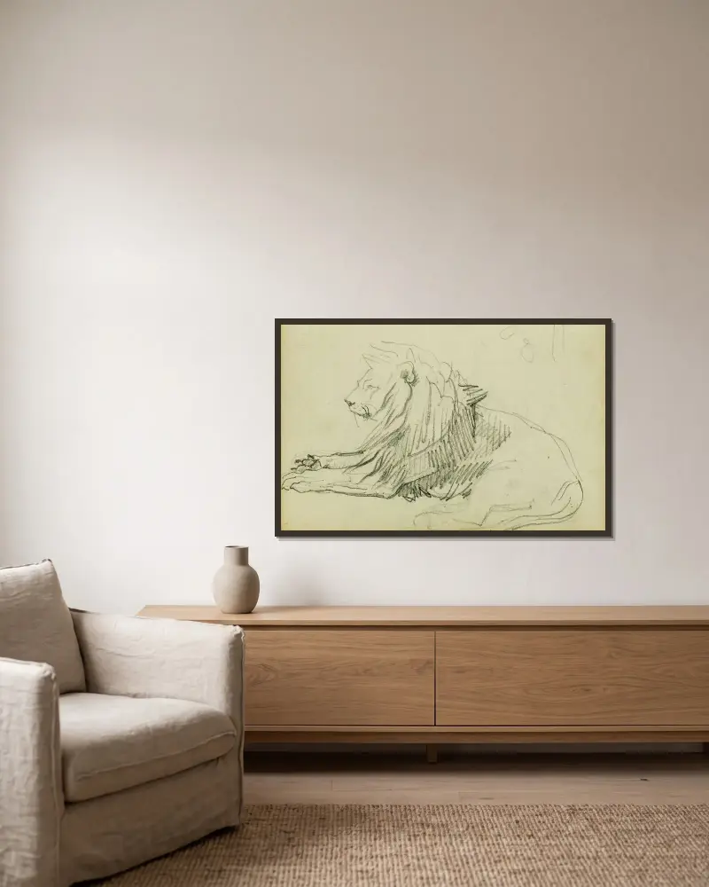 Sittande lejon av Théodore Géricault inramad på en vägg