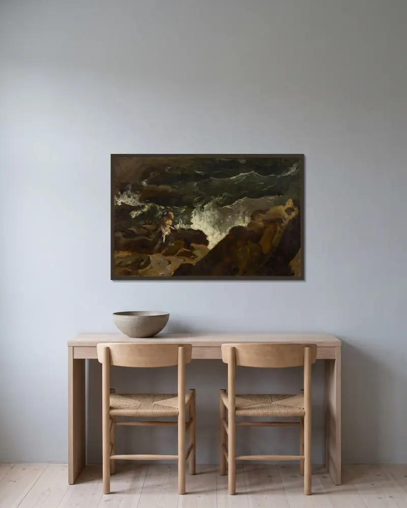 Skeppsbrott på en strand (Stormen) av Théodore Géricault inramad på en vägg