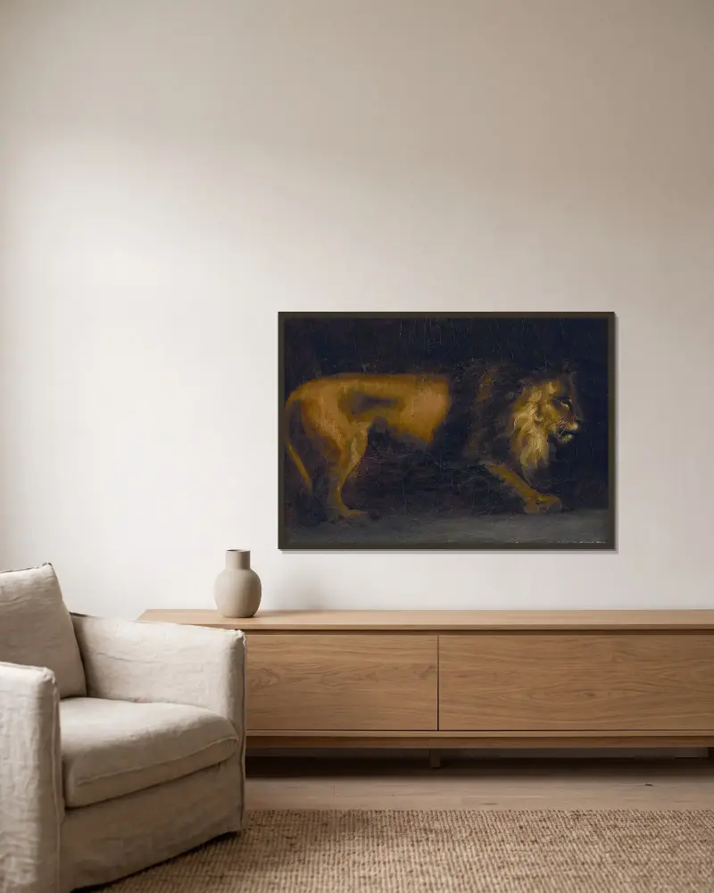 Studie av ett lejon av Théodore Géricault inramad på en vägg
