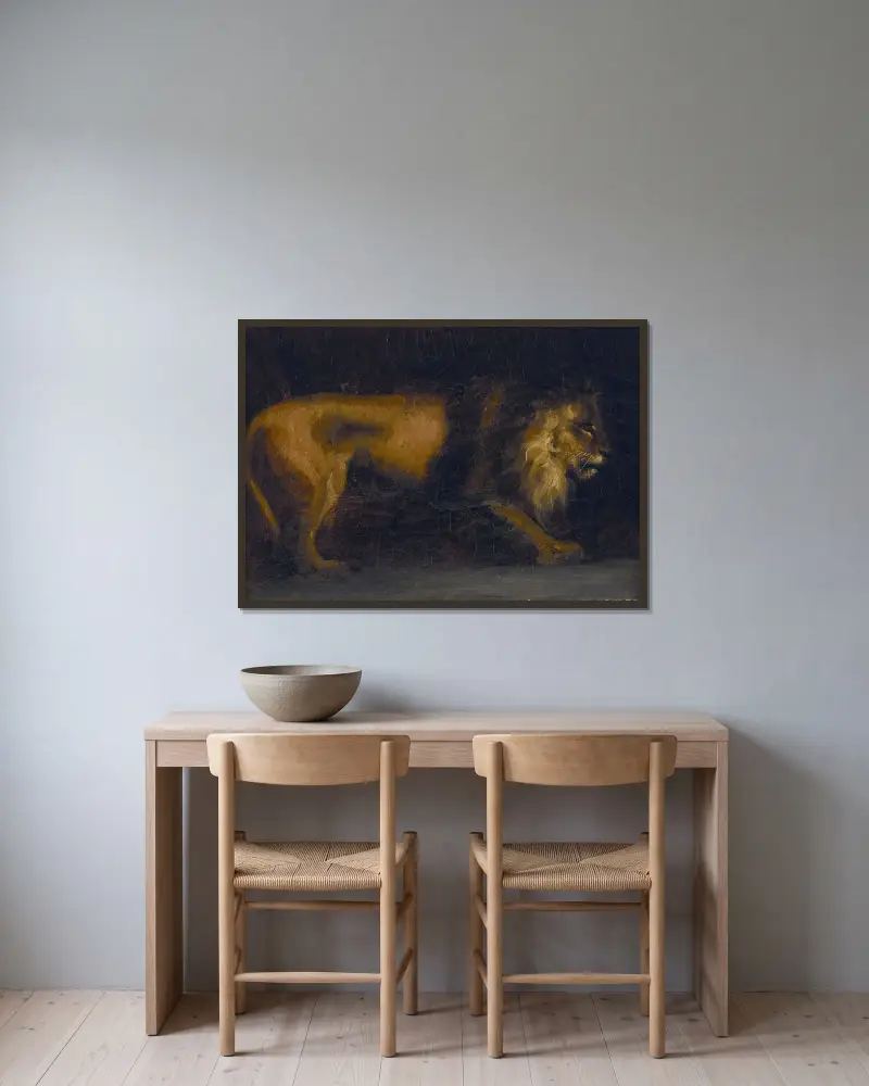 Studie av ett lejon av Théodore Géricault inramad på en vägg