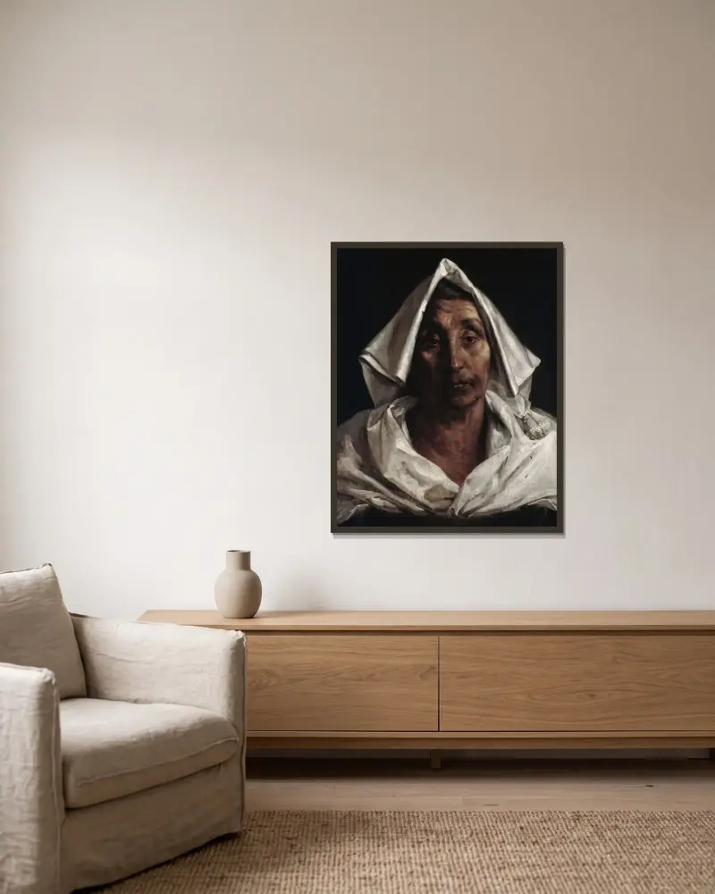 Den gamla italienska kvinnan av Théodore Géricault inramad på en vägg