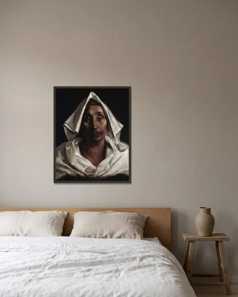 Den gamla italienska kvinnan av Théodore Géricault inramad på en vägg