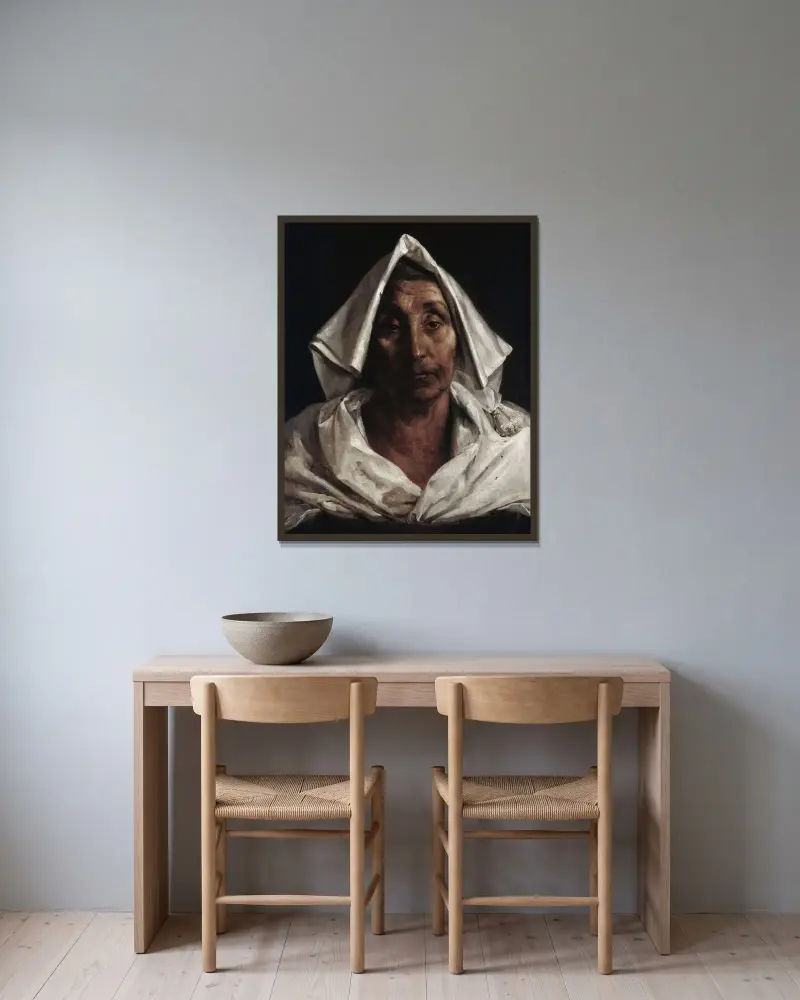 Den gamla italienska kvinnan av Théodore Géricault inramad på en vägg