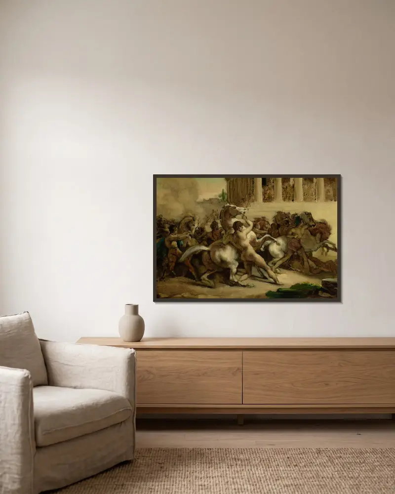 The Race of the Riderless Horses av Théodore Géricault inramad på en vägg