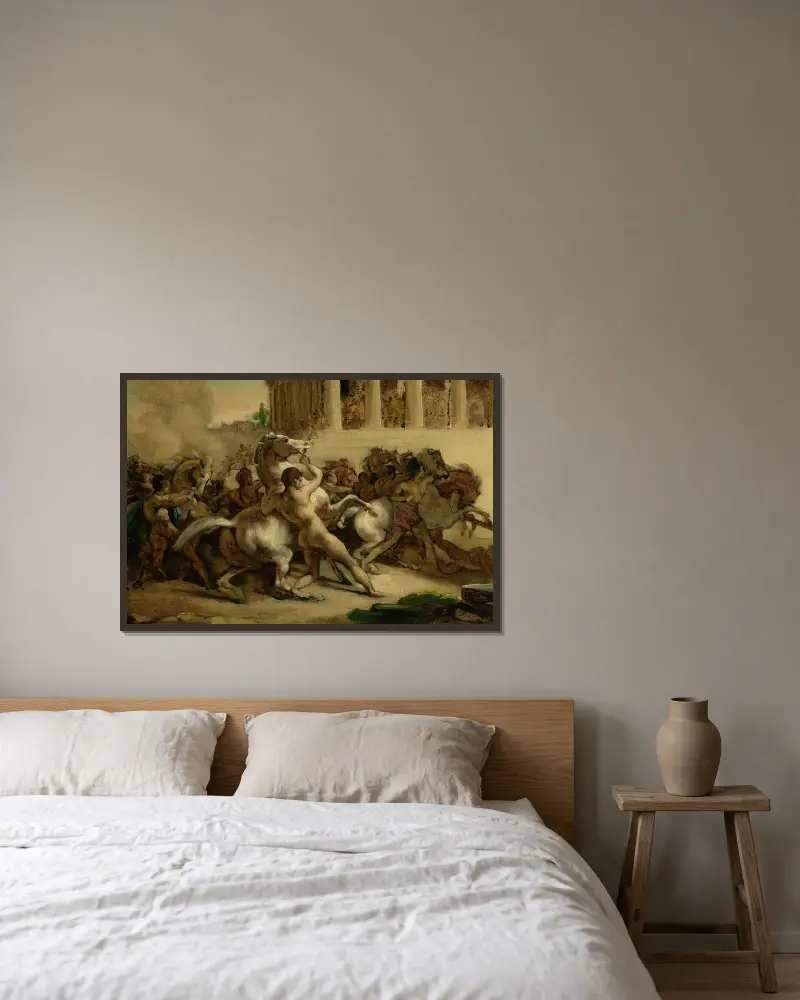 The Race of the Riderless Horses av Théodore Géricault inramad på en vägg