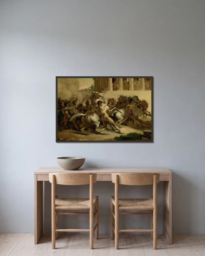 The Race of the Riderless Horses av Théodore Géricault inramad på en vägg