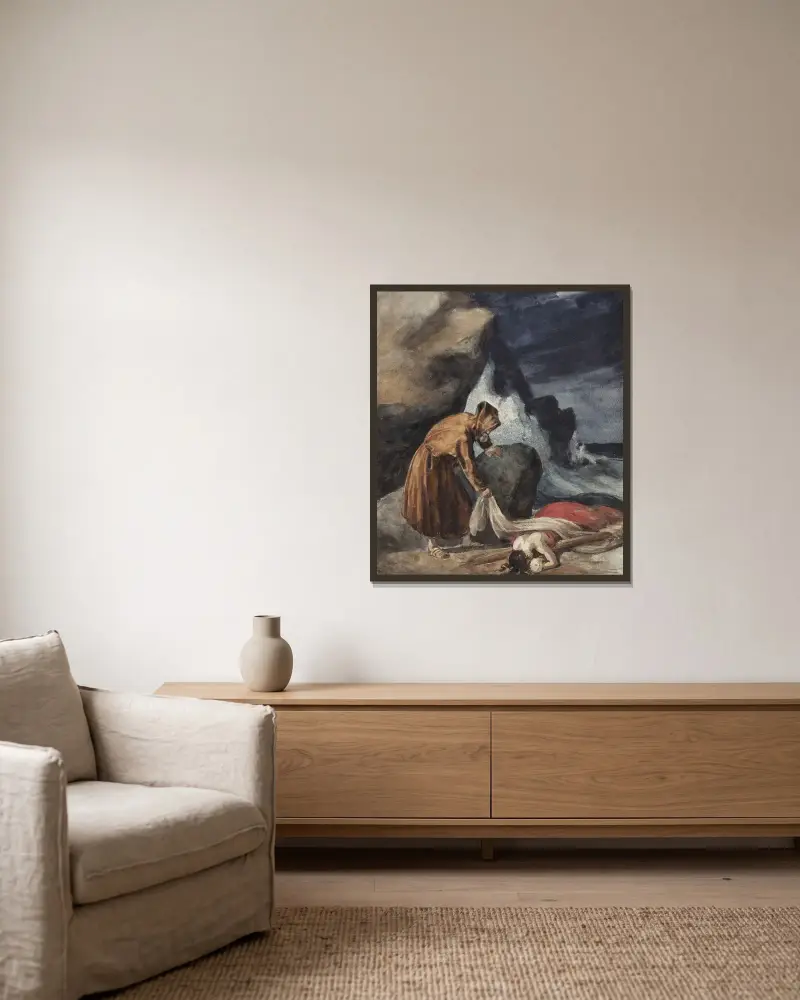 Stormen av Théodore Géricault inramad på en vägg