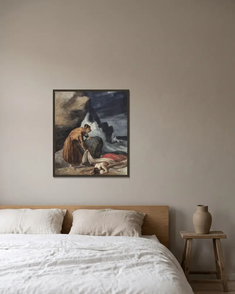 Stormen av Théodore Géricault inramad på en vägg