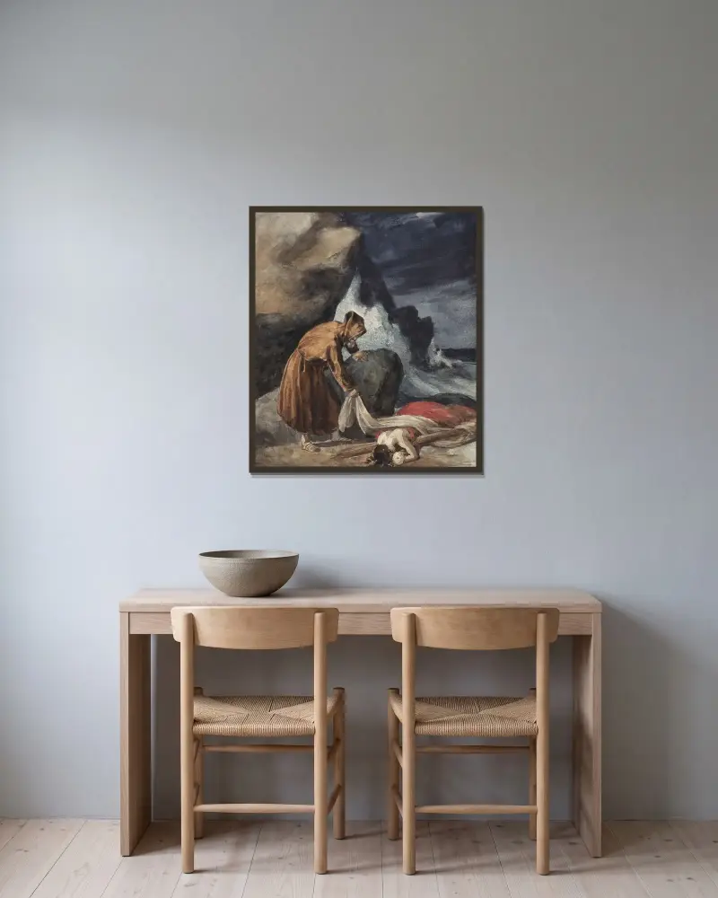 Stormen av Théodore Géricault inramad på en vägg